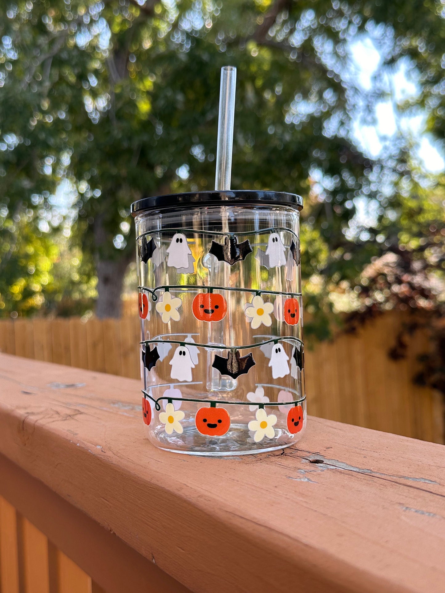 Halloween Spooky Cup, Halloween Lights, Spooky Season Iced Coffee Mug, Glass Cup with Black Lid, Unique Halloween Gift