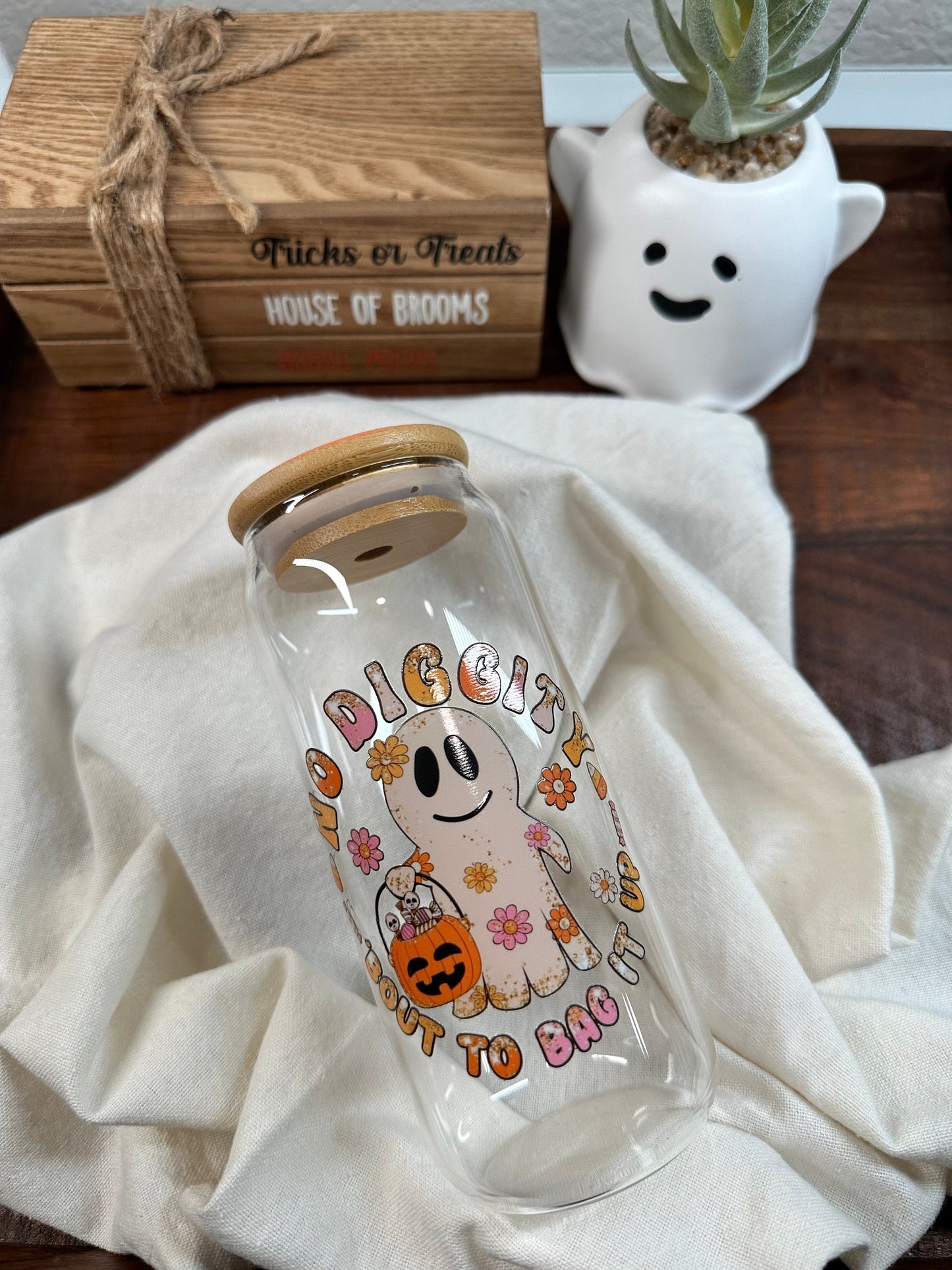 Halloween Coffee Cup, 16oz Glass Can, Pumpkin, Ghost, October, Trick or Treat, Bamboo Lid and Glass Straw, Flowers, Bout To Bag It