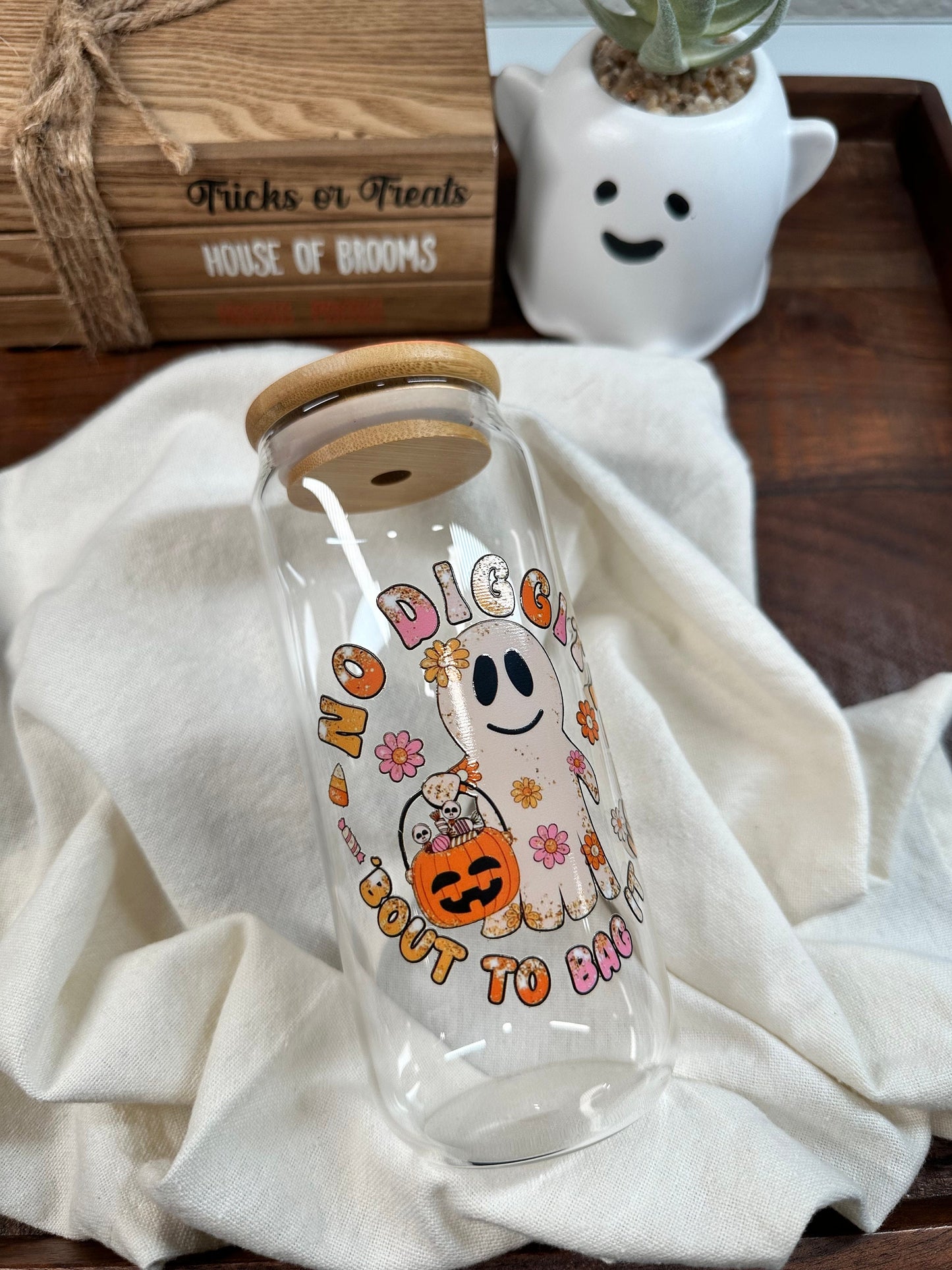 Halloween Coffee Cup, 16oz Glass Can, Pumpkin, Ghost, October, Trick or Treat, Bamboo Lid and Glass Straw, Flowers, Bout To Bag It