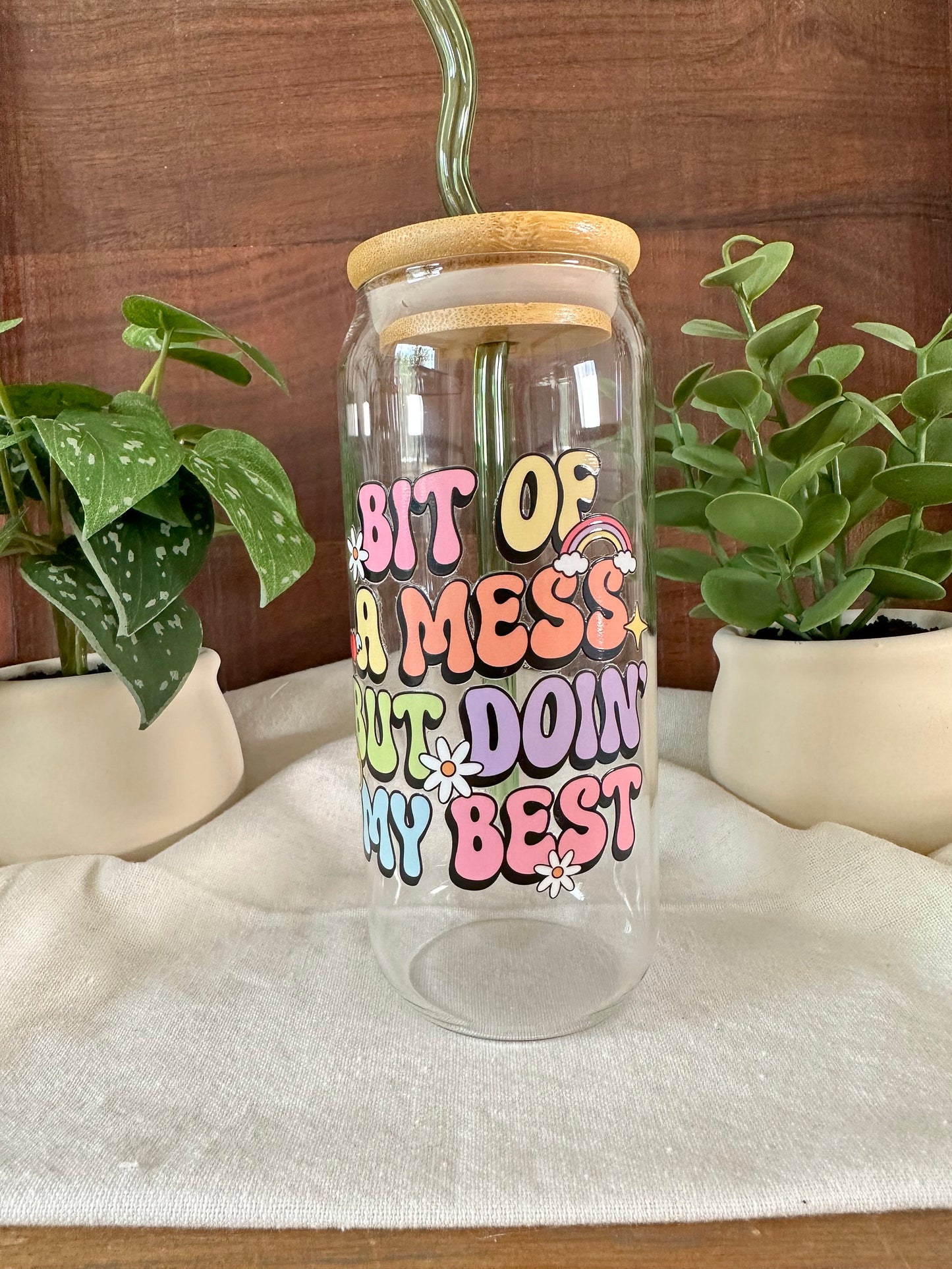 Self Care, Doing My Best, Smiley Face, 22oz Libbey Cup, Bamboo Lid & Glass Straw, Iced Coffee Cup, Gift, Party Favor, UV DTF Wrap