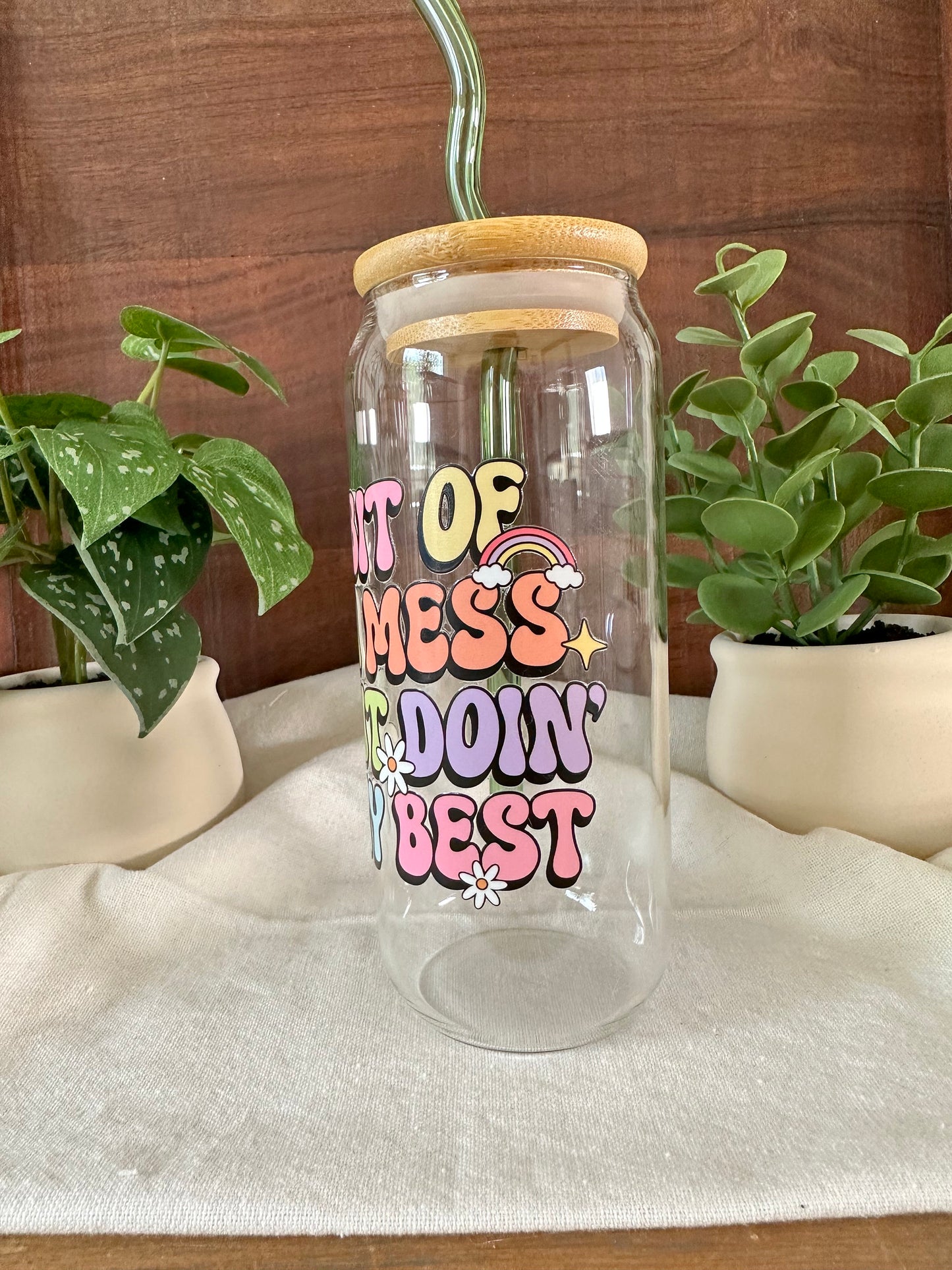 Self Care, Doing My Best, Smiley Face, 22oz Libbey Cup, Bamboo Lid & Glass Straw, Iced Coffee Cup, Gift, Party Favor, UV DTF Wrap
