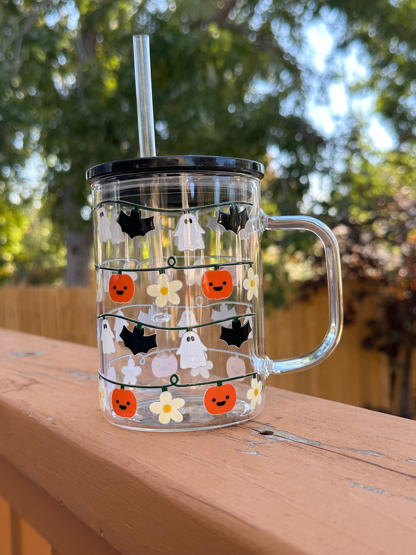 Halloween Spooky Cup, Halloween Lights, Spooky Season Iced Coffee Mug, Glass Cup with Black Lid, Unique Halloween Gift