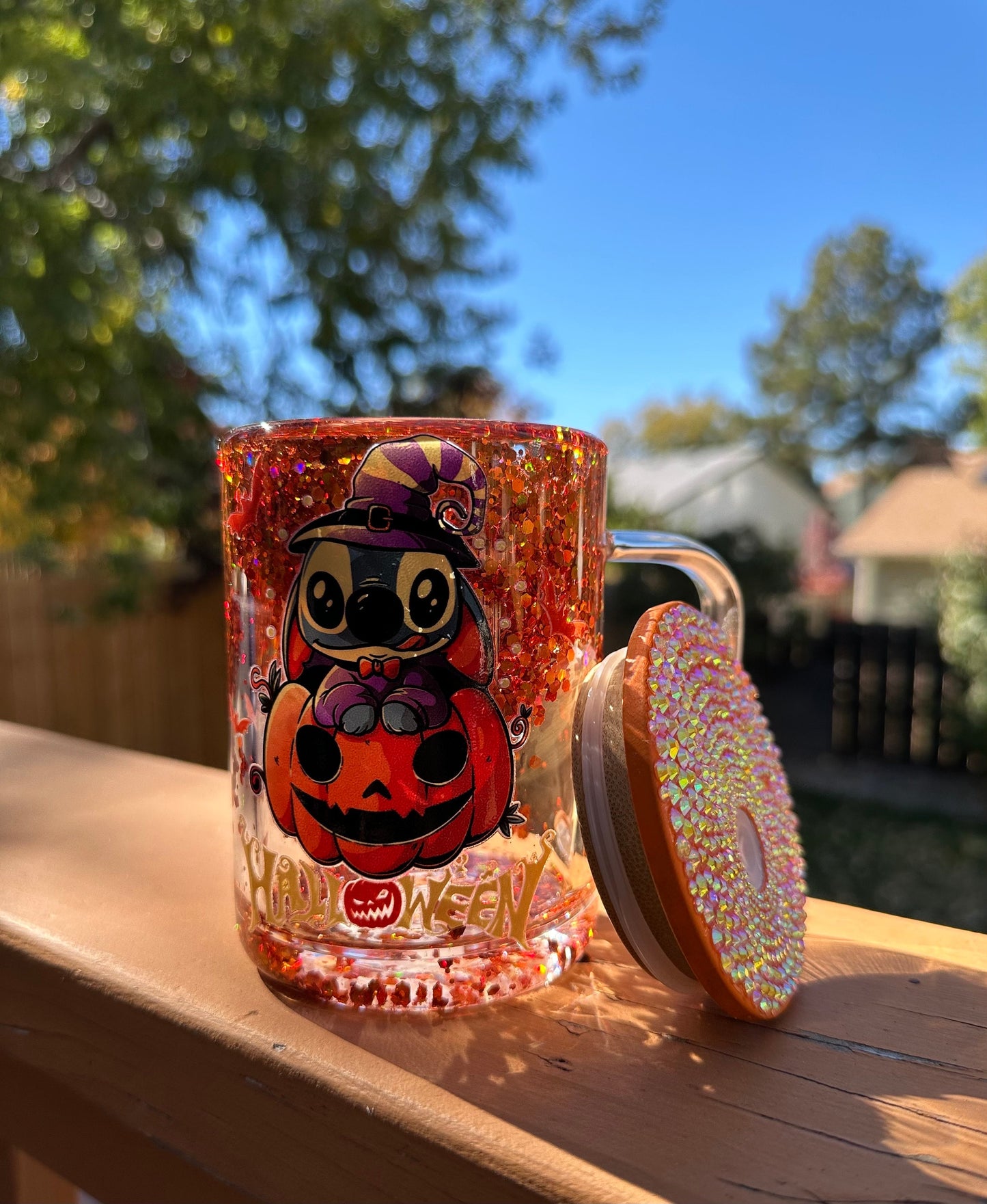 Halloween Spooky Cup, Experiment 626, Stich, Spooky Season Iced Coffee Mug, Glass Cup with Rhinestones, Unique Halloween Gift, Witch