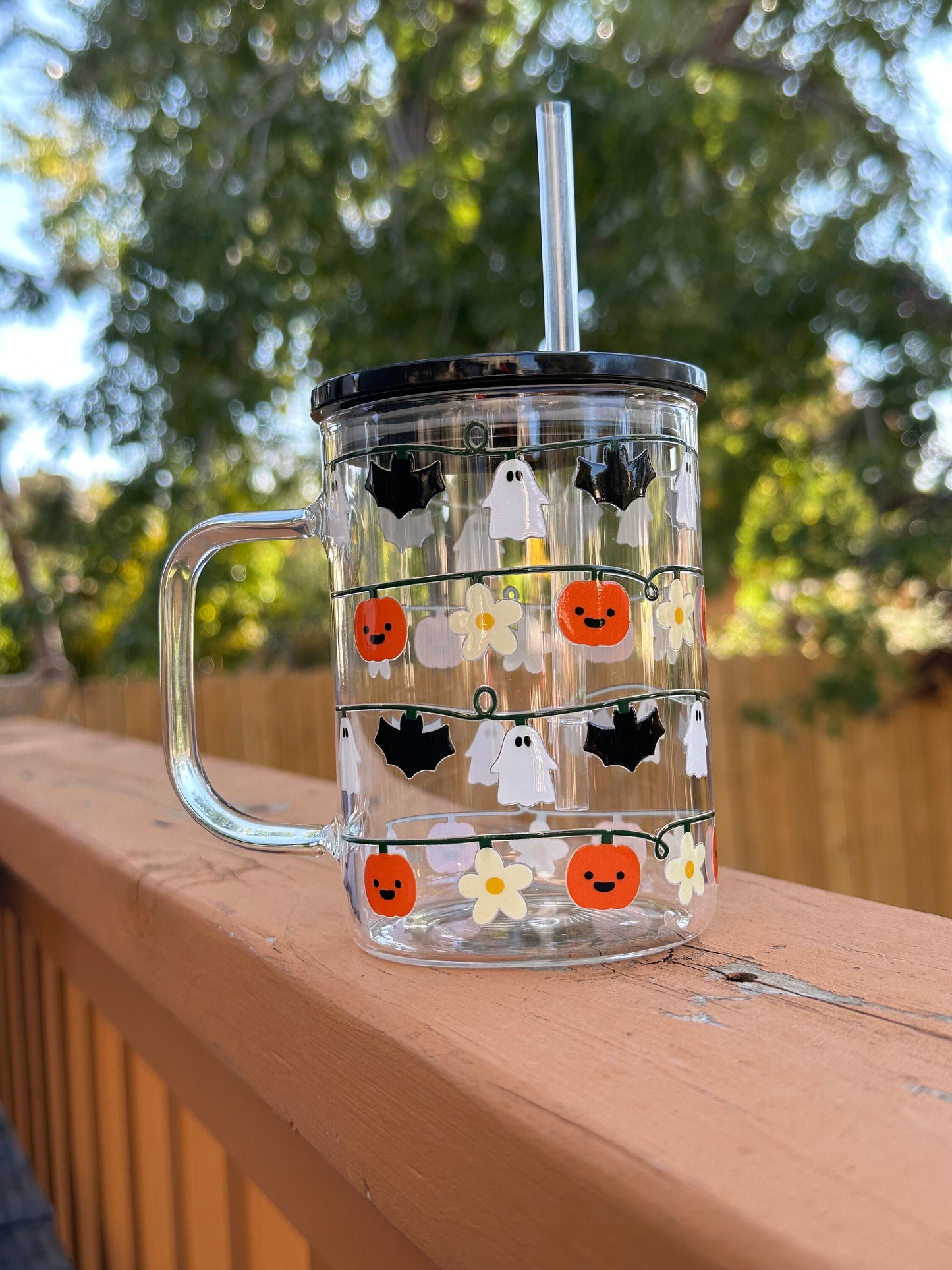 Halloween Spooky Cup, Halloween Lights, Spooky Season Iced Coffee Mug, Glass Cup with Black Lid, Unique Halloween Gift