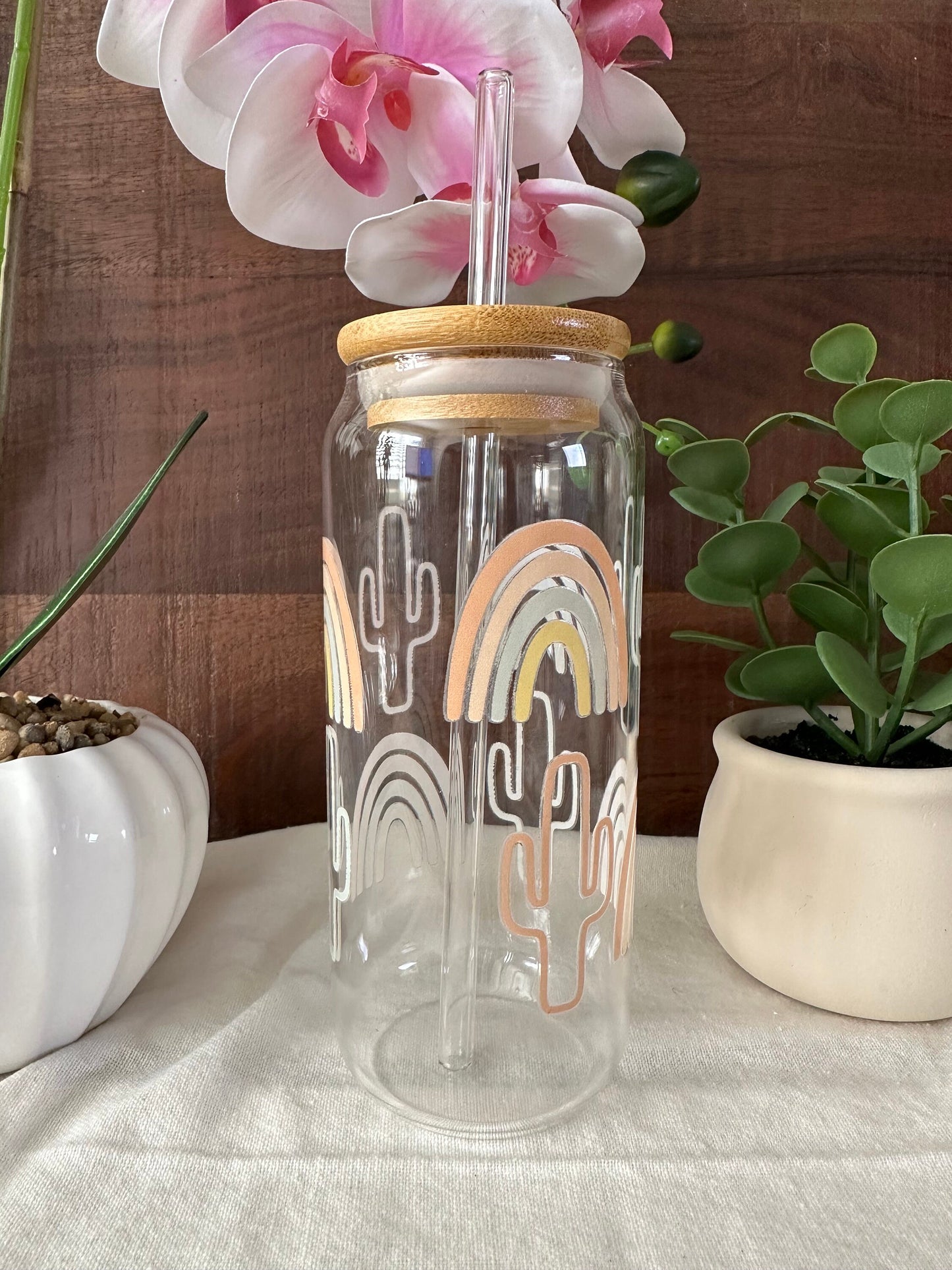 Western Inspired Beer Can, Boho Rainbow Glass Can, Aesthetic Can, Yellowstone, Western Cactus, Libby’s Glass Can Boho Rainbow