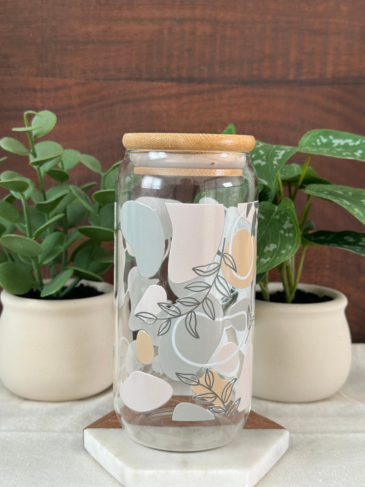 Boho, Abstract Leaf Glass Tumbler with Bamboo Lid