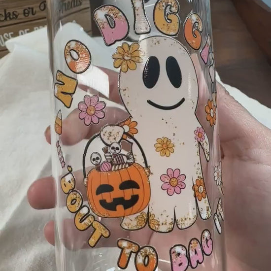 Halloween Coffee Cup, 16oz Glass Can, Pumpkin, Ghost, October, Trick or Treat, Bamboo Lid and Glass Straw, Flowers, Bout To Bag It