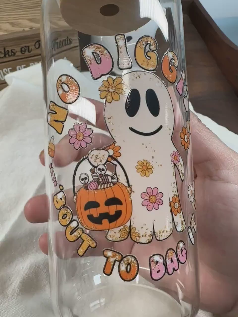 Halloween Coffee Cup, 16oz Glass Can, Pumpkin, Ghost, October, Trick or Treat, Bamboo Lid and Glass Straw, Flowers, Bout To Bag It