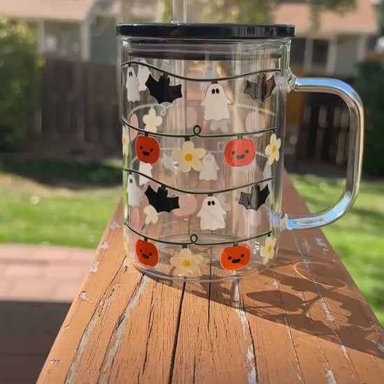 Halloween Spooky Cup, Halloween Lights, Spooky Season Iced Coffee Mug, Glass Cup with Black Lid, Unique Halloween  Gift
