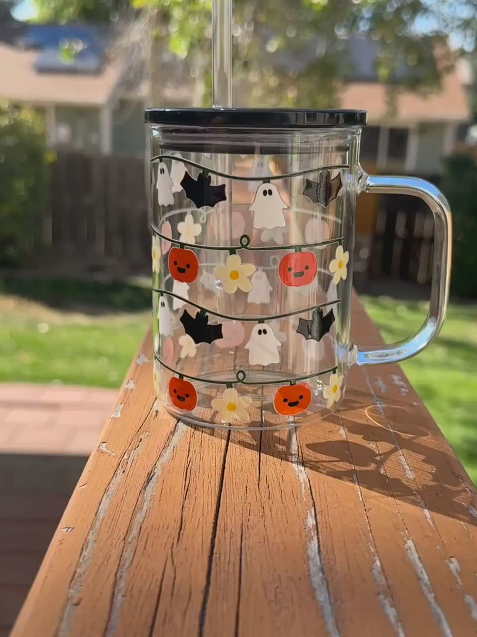 Halloween Spooky Cup, Halloween Lights, Spooky Season Iced Coffee Mug, Glass Cup with Black Lid, Unique Halloween  Gift