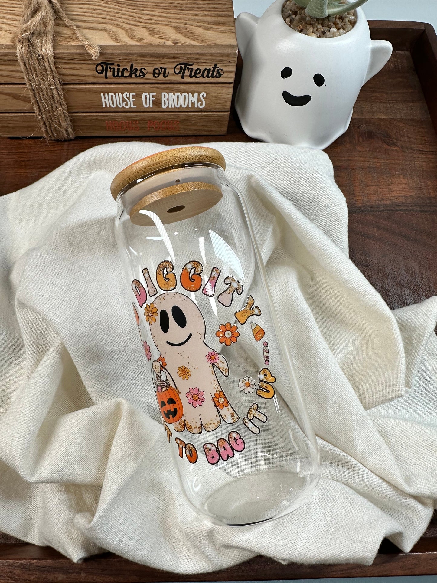 Halloween Coffee Cup, 16oz Glass Can, Pumpkin, Ghost, October, Trick or Treat, Bamboo Lid and Glass Straw, Flowers, Bout To Bag It