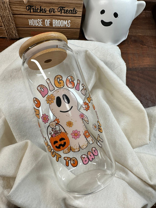 Halloween Coffee Cup, 16oz Glass Can, Pumpkin, Ghost, October, Trick or Treat, Bamboo Lid and Glass Straw, Flowers, Bout To Bag It