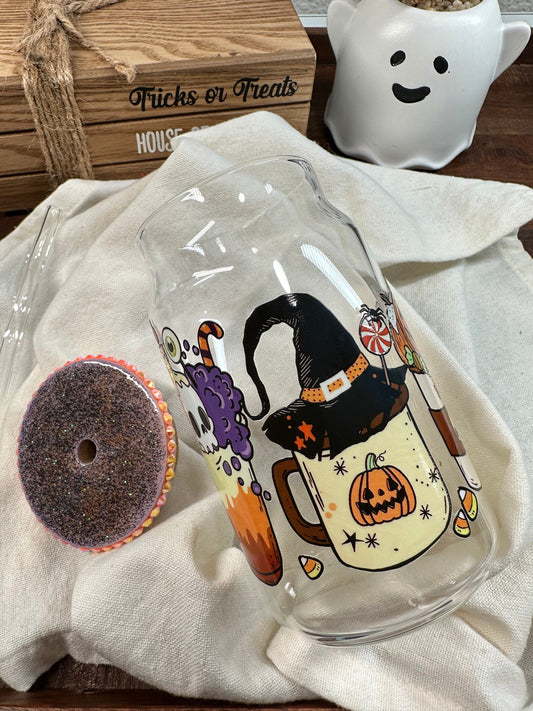 Halloween Coffee Cup, 160z Libbey Cup, Halloween Glass Can, Halloween, Spooky, October, Pumpkin, Witch, Skull, Orange and Purple Glass Cup