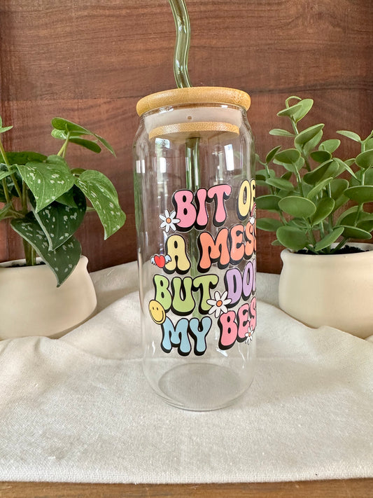 Self Care, Doing My Best, Smiley Face, 22oz Libbey Cup, Bamboo Lid & Glass Straw, Iced Coffee Cup, Gift, Party Favor, UV DTF Wrap
