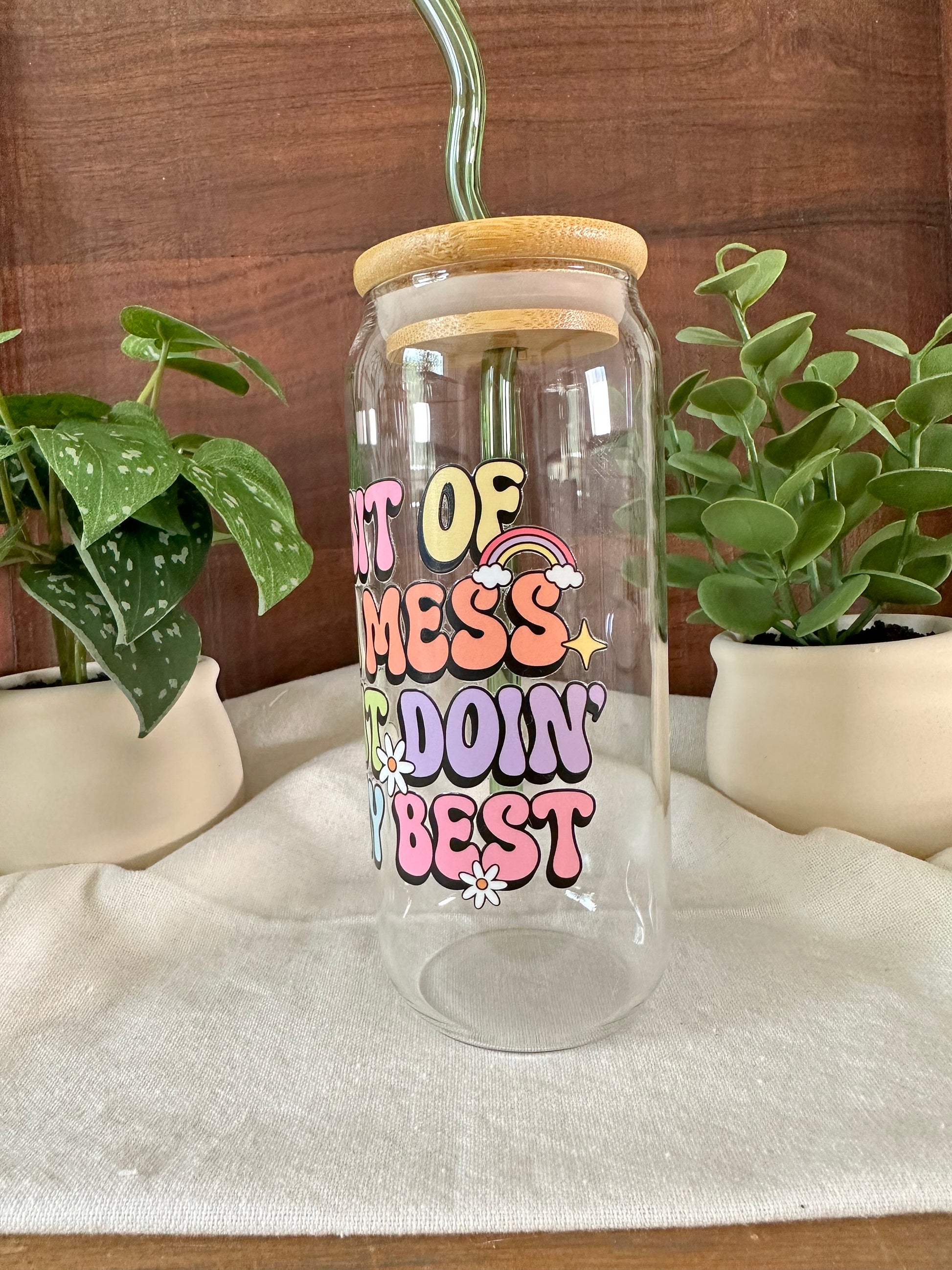 Self Care, Doing My Best, Smiley Face, 22oz Libbey Cup, Bamboo Lid & Glass Straw, Iced Coffee Cup, Gift, Party Favor, UV DTF Wrap