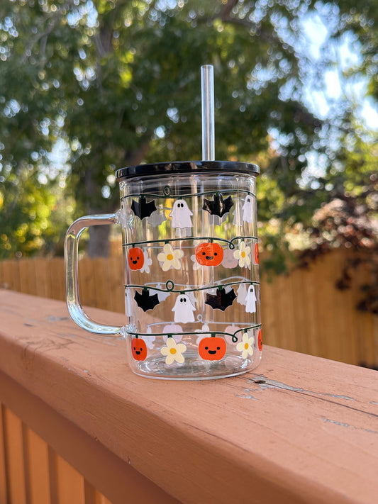Halloween Spooky Cup, Halloween Lights, Spooky Season Iced Coffee Mug, Glass Cup with Black Lid, Unique Halloween Gift