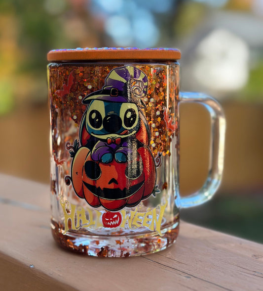 Halloween Spooky Cup, Experiment 626, Stich, Spooky Season Iced Coffee Mug, Glass Cup with Rhinestones, Unique Halloween Gift, Witch