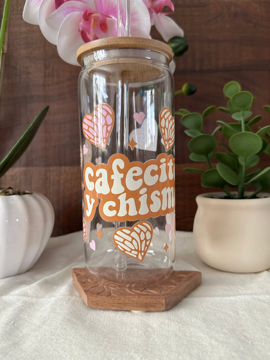 Cafecito y Chisme, Bamboo Lid & Glass Straw, Iced Coffee Cup, Gift, Party Favor, Heart Conchas, Pan Dulce Corazones