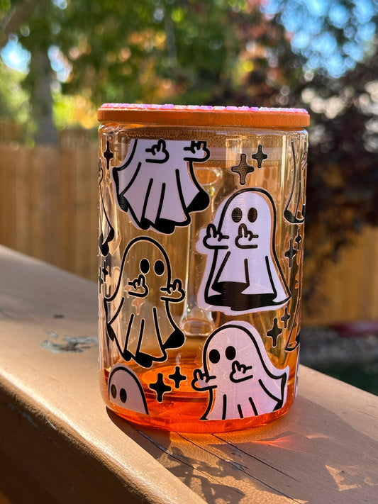 Halloween Spooky Cup, Spooky Season Iced Coffee Mug, Unique Halloween Gift, Ghost, Middle Finger Ghost, Flipping Off Ghost, Funny Halloween