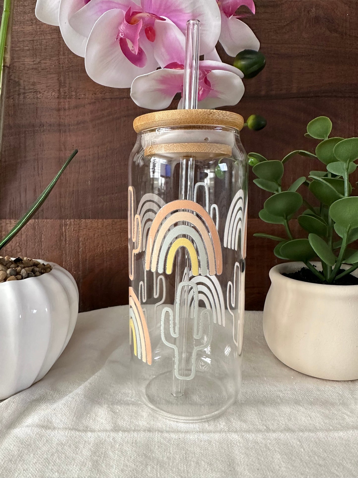 Western Inspired Beer Can, Boho Rainbow Glass Can, Aesthetic Can, Yellowstone, Western Cactus, Libby’s Glass Can Boho Rainbow