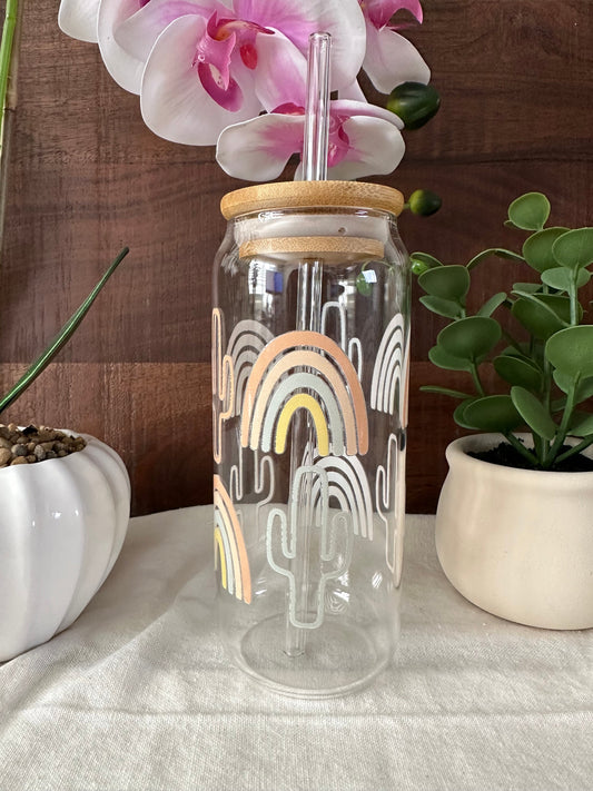 Western Inspired Beer Can, Boho Rainbow Glass Can, Aesthetic Can, Yellowstone, Western Cactus, Libby’s Glass Can Boho Rainbow