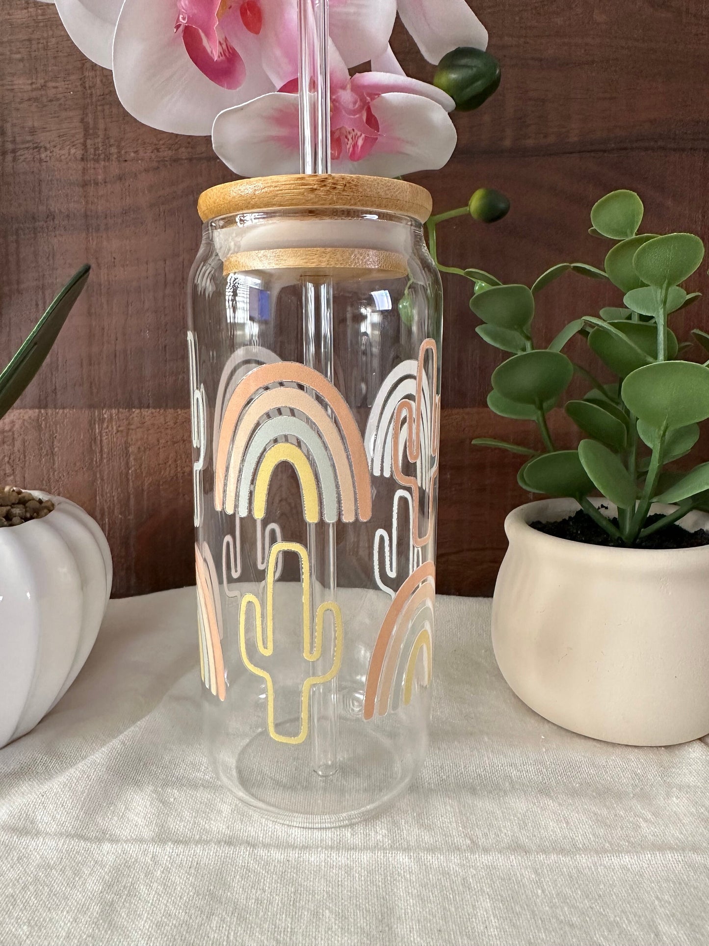 Western Inspired Beer Can, Boho Rainbow Glass Can, Aesthetic Can, Yellowstone, Western Cactus, Libby’s Glass Can Boho Rainbow