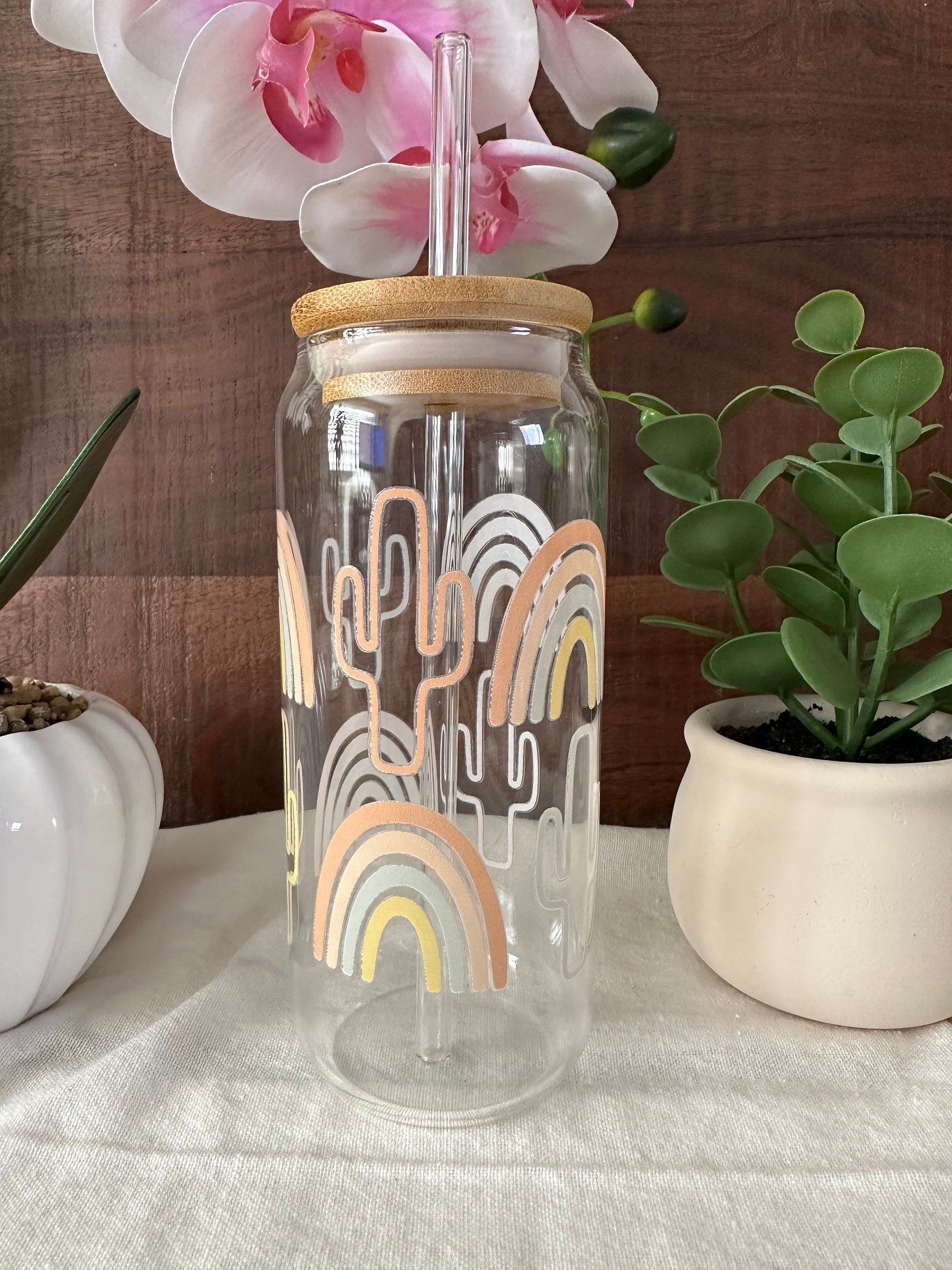 Western Inspired Beer Can, Boho Rainbow Glass Can, Aesthetic Can, Yellowstone, Western Cactus, Libby’s Glass Can Boho Rainbow